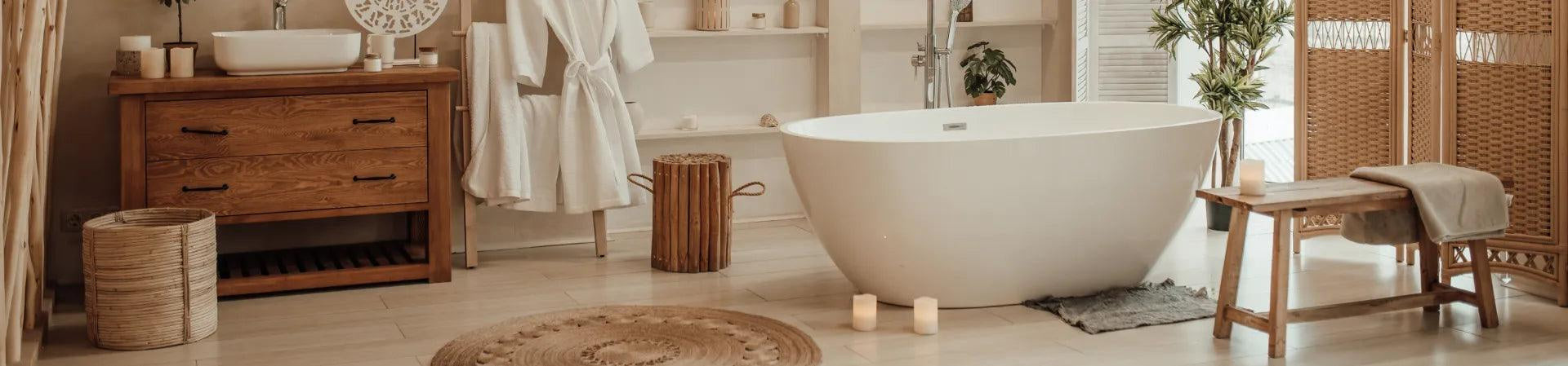 Elegant bathroom featuring handcrafted teak bathroom furniture with a wooden vanity, tub, and stools
