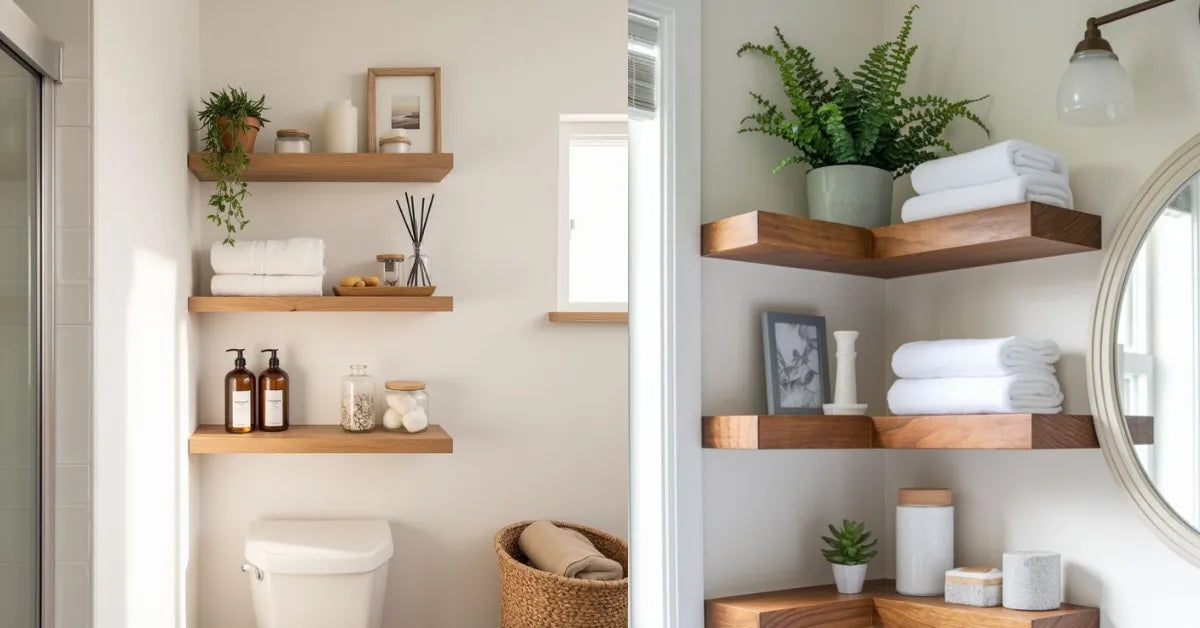 Floating bathroom corner shelves made of wood holding towels, plants, and decorative items in a modern bathroom