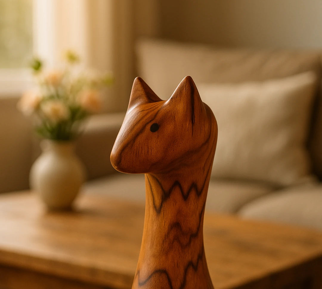 Wood Ceylon handcrafted wooden cat sculpture with smooth finish and natural wood grain details