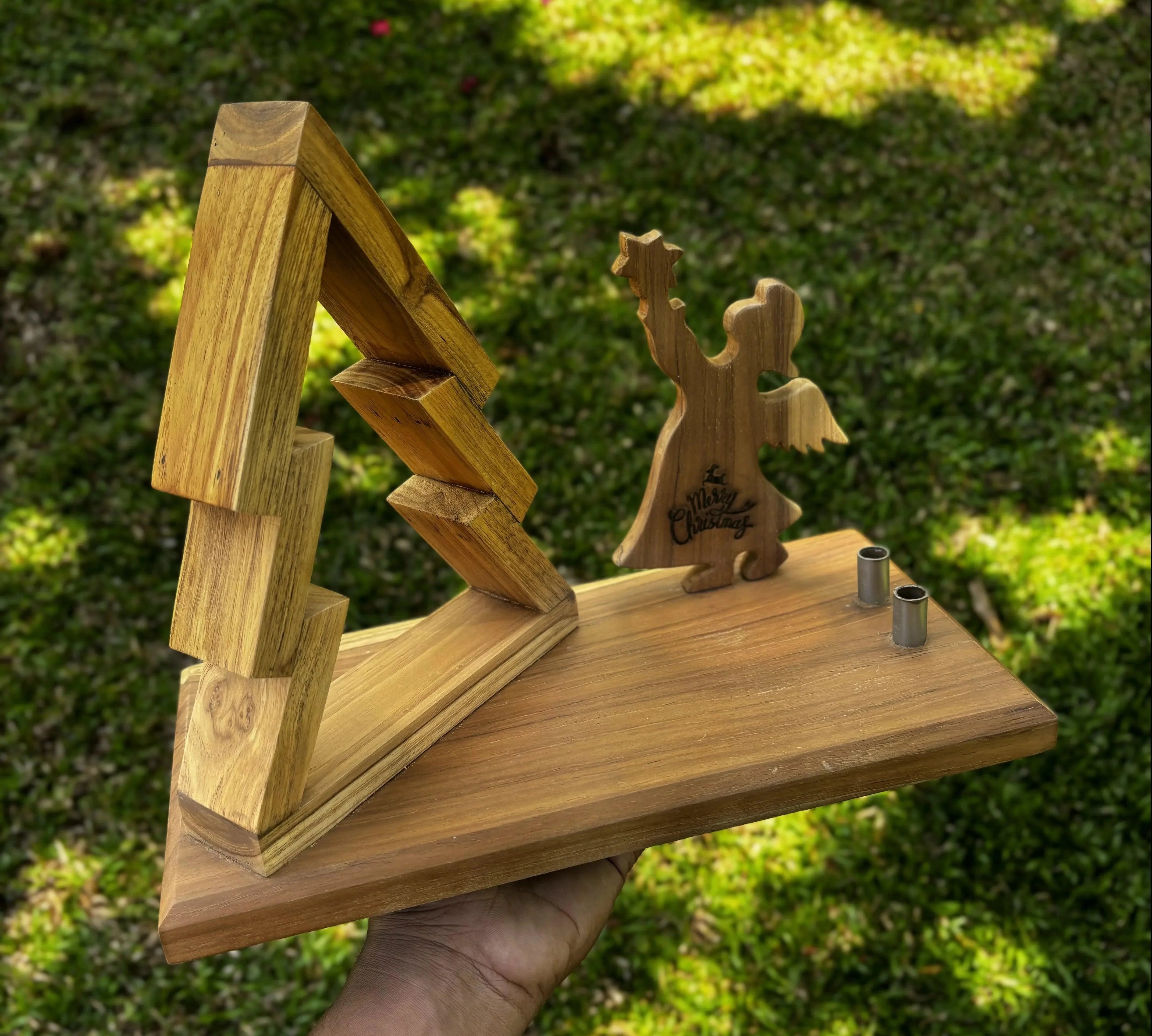 Wood Ceylon wooden Christmas Tree with Angel decorative tabletop piece in natural wood finish