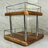 Wood Ceylon corner spice rack with wooden shelves and metal frame for kitchen organization