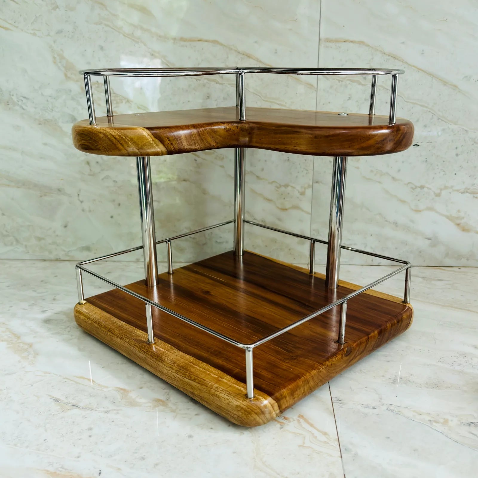 Wood Ceylon corner spice rack made of wood and metal with two-tier design for kitchen storage