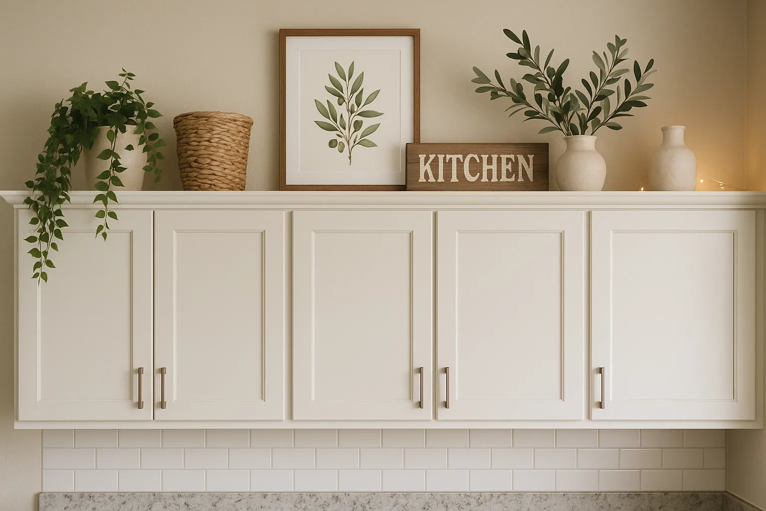 How to Decorate Above Kitchen Cabinets with greenery framed art woven basket and neutral vases for style