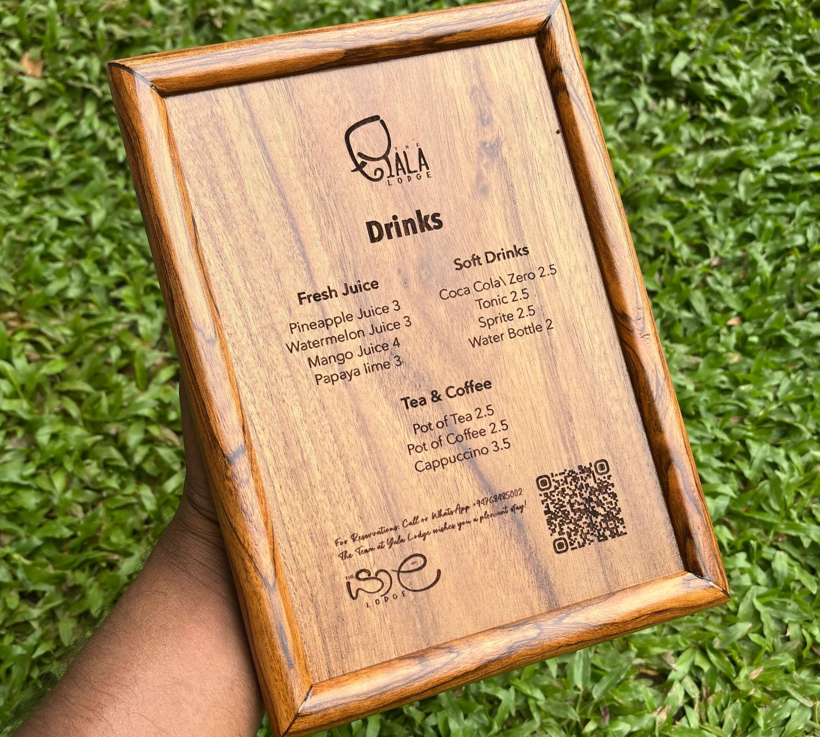 Wooden laser engraved menu card displaying drinks options with a natural wood frame by Wood Ceylon