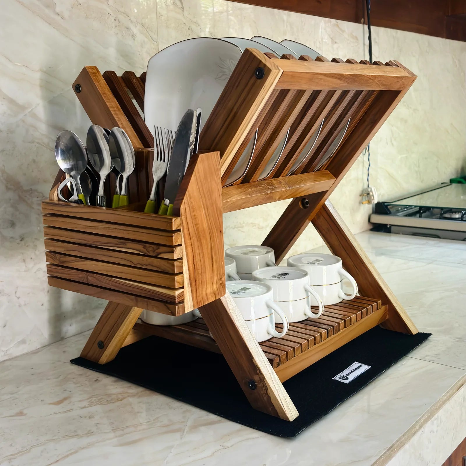Wood Ceylon small dish drying rack made of wood with slots for plates and compartments for utensils and cups