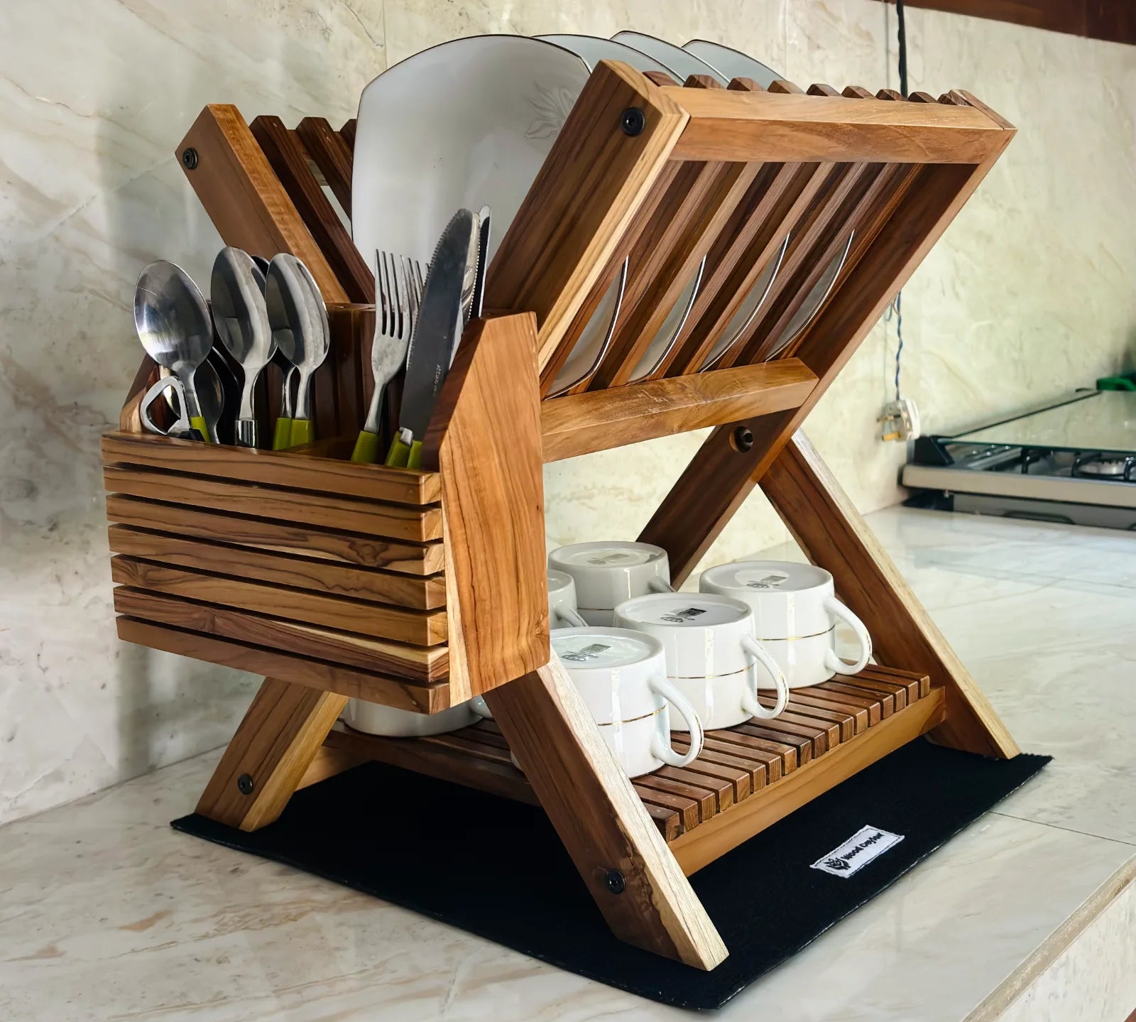 Wood Ceylon small dish drying rack made of wood with slots for plates and compartments for utensils and cups