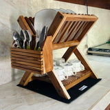 Wood Ceylon small dish drying rack made of wood with slots for plates and compartments for utensils and cups