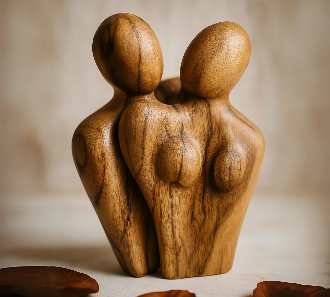 Hand-Carved Teak Wood Couple Sculpture | Romantic Gift