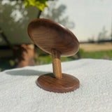 Wood Ceylon tabletop vanity mirror teak with round wooden frame and stand in natural light