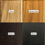 Wood Ceylon wood finish options including Clear, Burma Teak, Walnut, and Ebony for tabletop vanity mirror teak