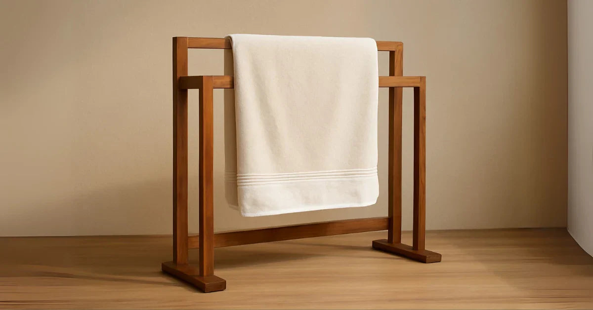 Elegant wooden towel rack with a white towel displayed on a wooden surface and beige background