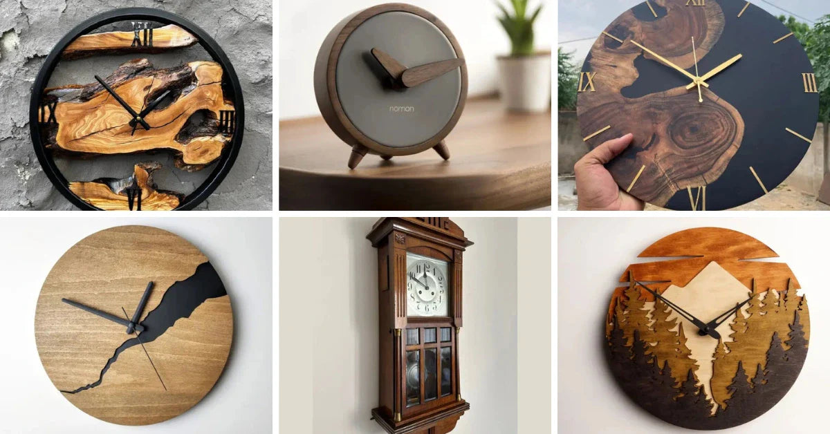Collection of unique wooden clocks featuring various designs and styles perfect for home or office decor