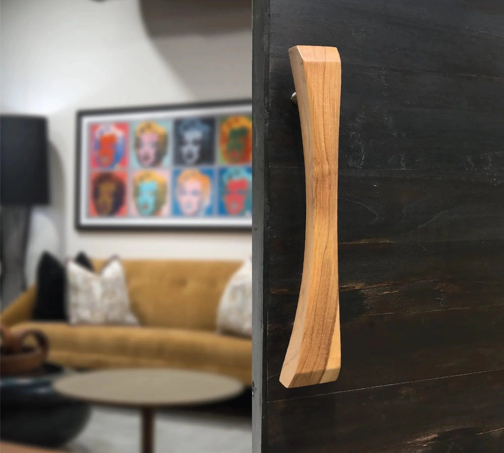 Wood Ceylon natural wooden sliding door handle mounted on dark sliding door in modern living room