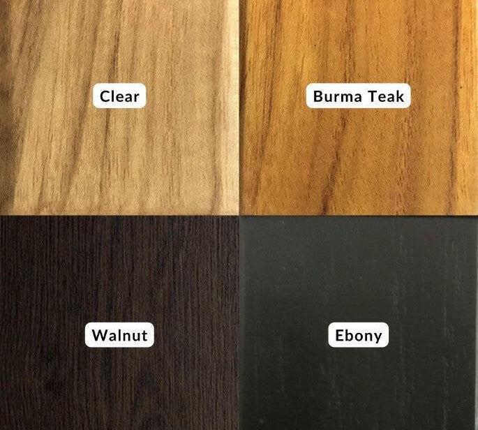 Wood Ceylon wood finish samples showing Clear, Burma Teak, Walnut, and Ebony shades in square panels