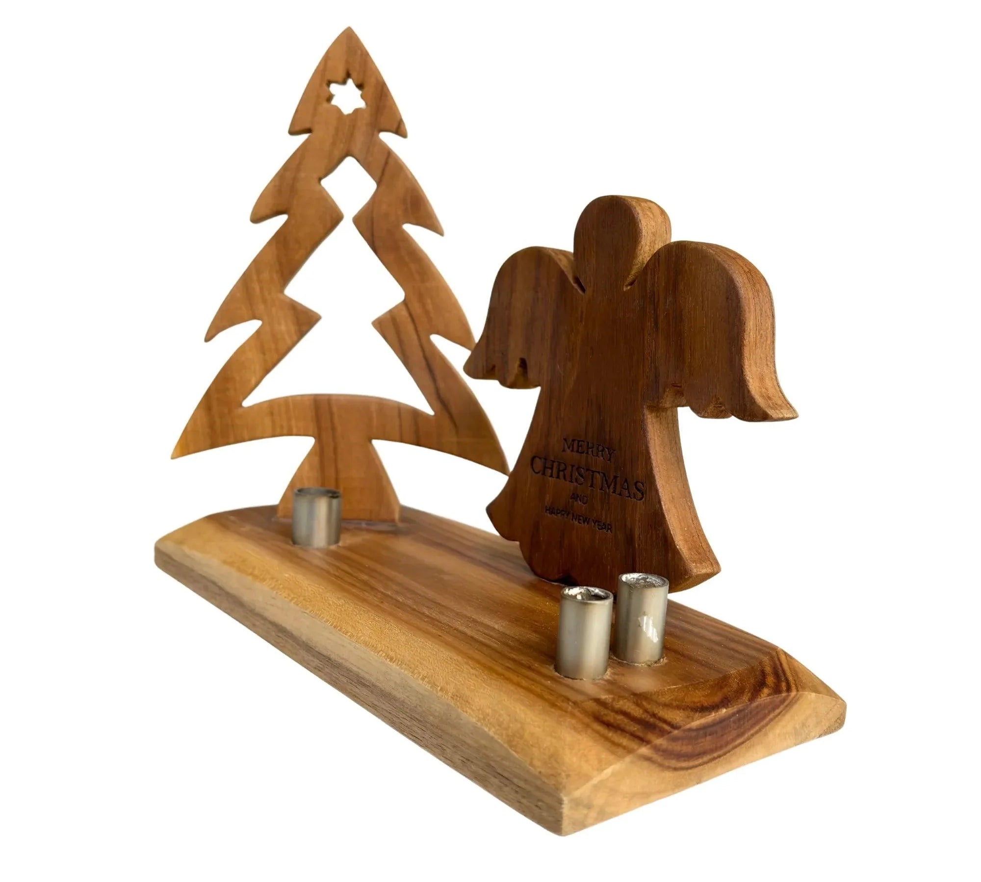 Wood Ceylon Christmas Tree with Angel wooden decoration with candle holders on a wooden base
