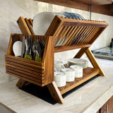Wood Ceylon wooden dish drying rack with slots for plates and holders for utensils on kitchen counter