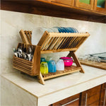 Wood Ceylon wooden dish drying rack with slots for plates and compartments for utensils and cups on kitchen counter