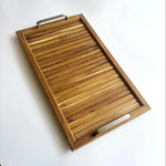 Wood Ceylon wooden serving tray with handles featuring slatted design and metal handles
