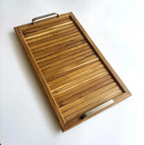 Wood Ceylon wooden serving tray with handles featuring slatted design and metal handles