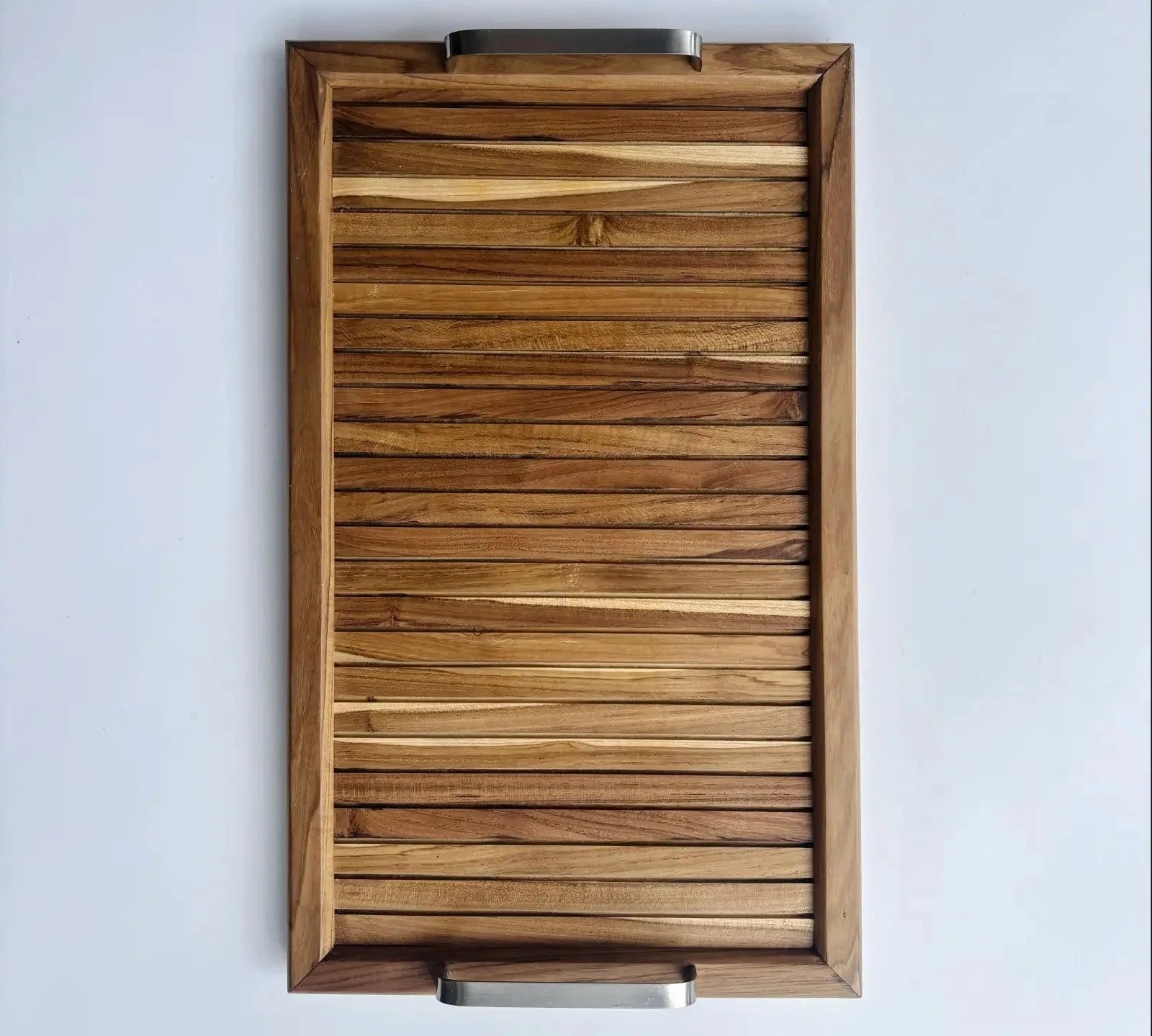 Wood Ceylon wooden serving tray with handles featuring natural wood grain and metal handles