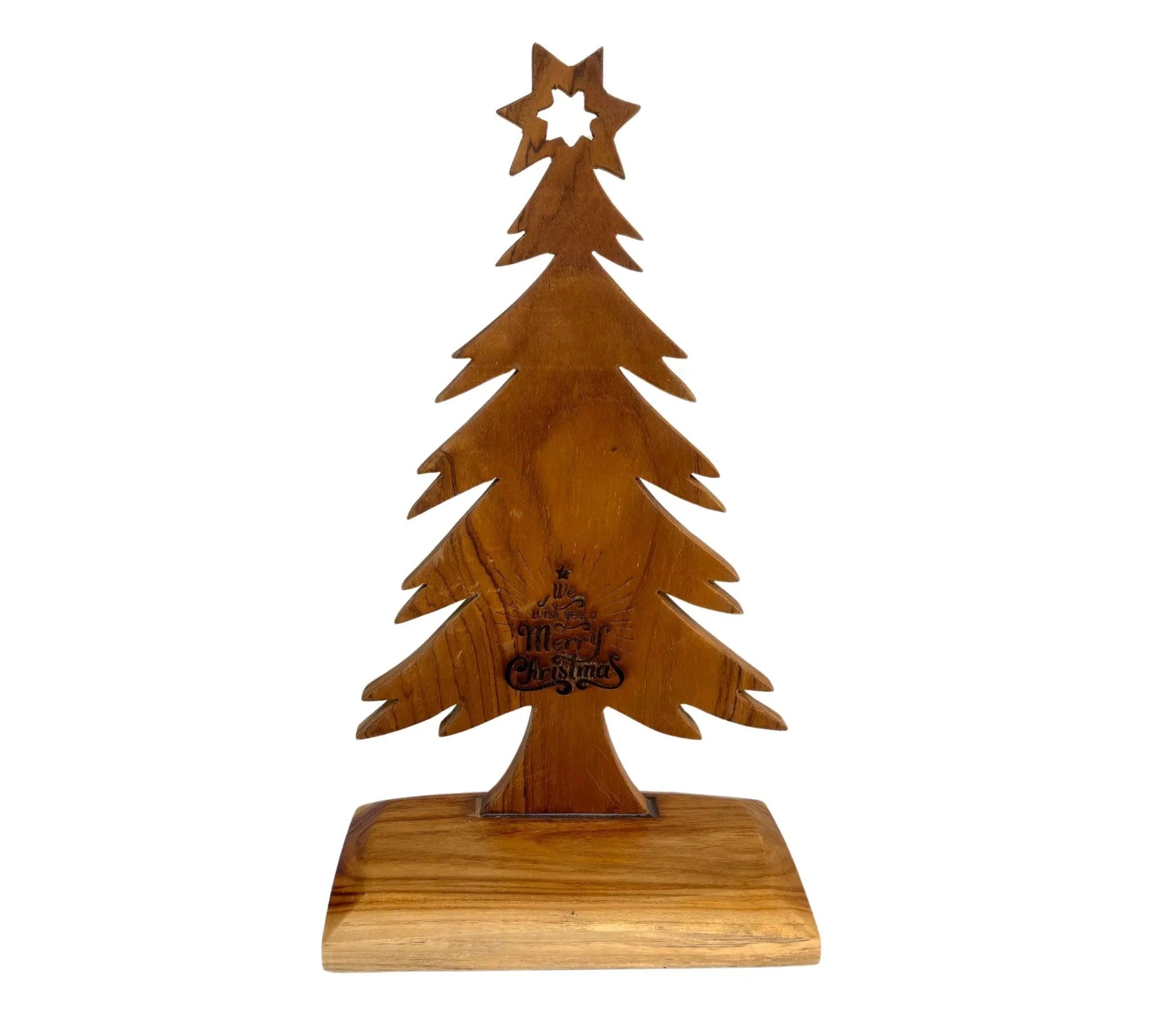 Wooden tabletop Christmas tree decoration by Wood Ceylon with star and Merry Christmas engraving